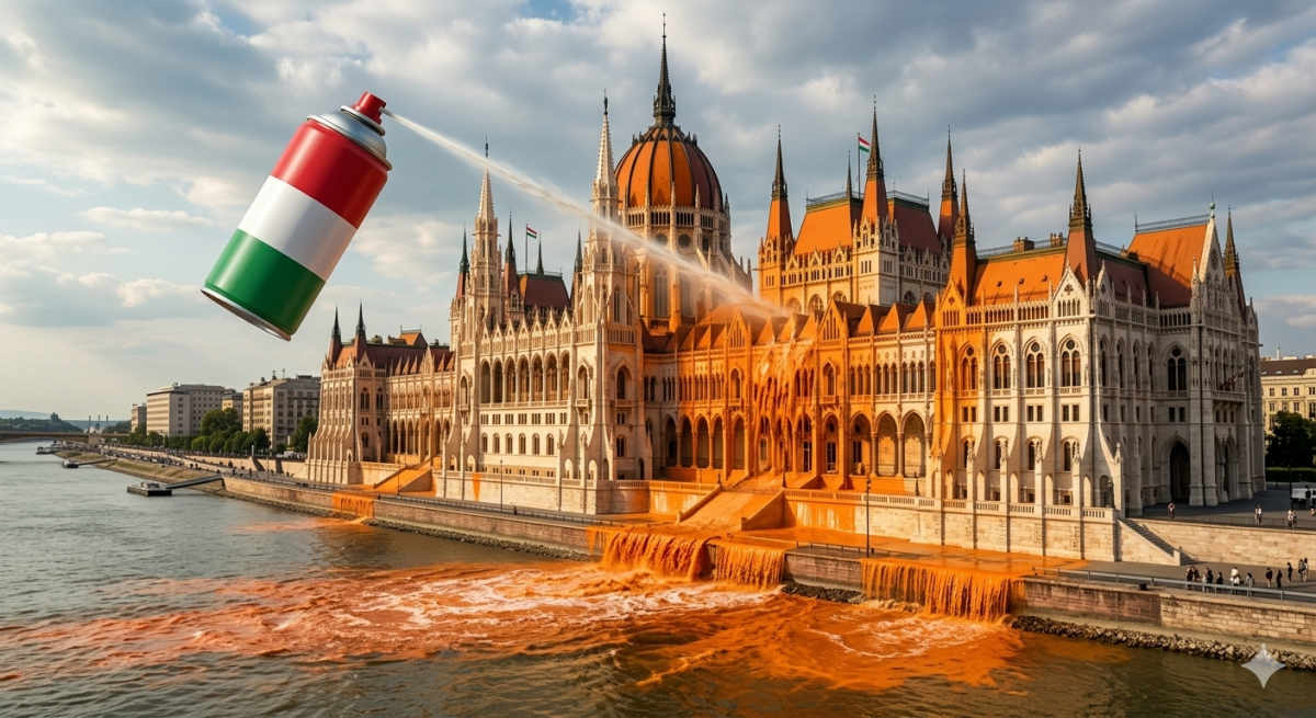 Egy szürreális, AI által generált kép, amelyen egy óriási, a magyar zászló piros-fehér-zöld színeivel díszített spray flakon lebeg a levegőben. A flakonból tiszta folyadéksugár tör elő, amely éppen lemossa az élénknarancssárga festéket az Országház épületéről. A narancssárga lé lemosódik a neogótikus homlokzatról, és a lépcsőkön keresztül a Dunába ömlik a részben felhős égbolt alatt.